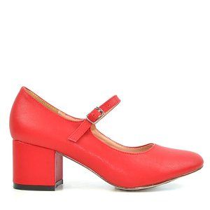 Red Women's Mary Jane Round Toe Chunky Heel Pump